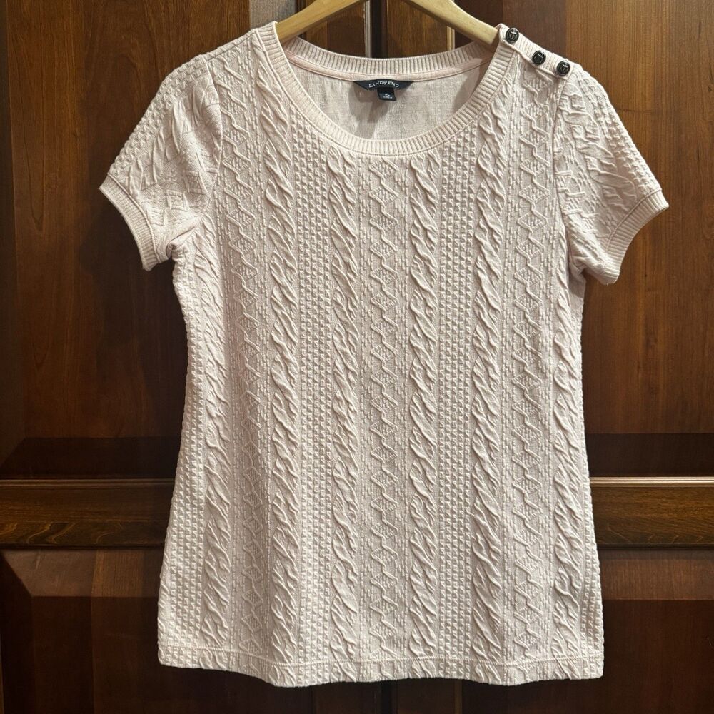 LANDS END Nautical Light Pink Cable Knit Short Sleeve with Anchor Buttons Small